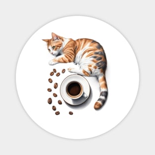 Cute Cat and Espresso Coffee Beans and Cup Design Magnet